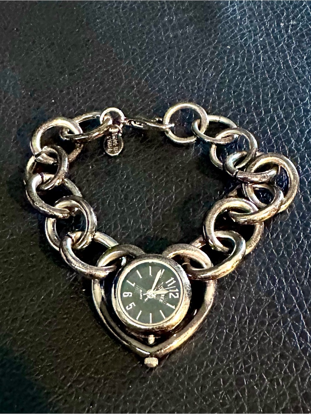 Decree Silver Heart Link Bracelet Watch with Black Dial